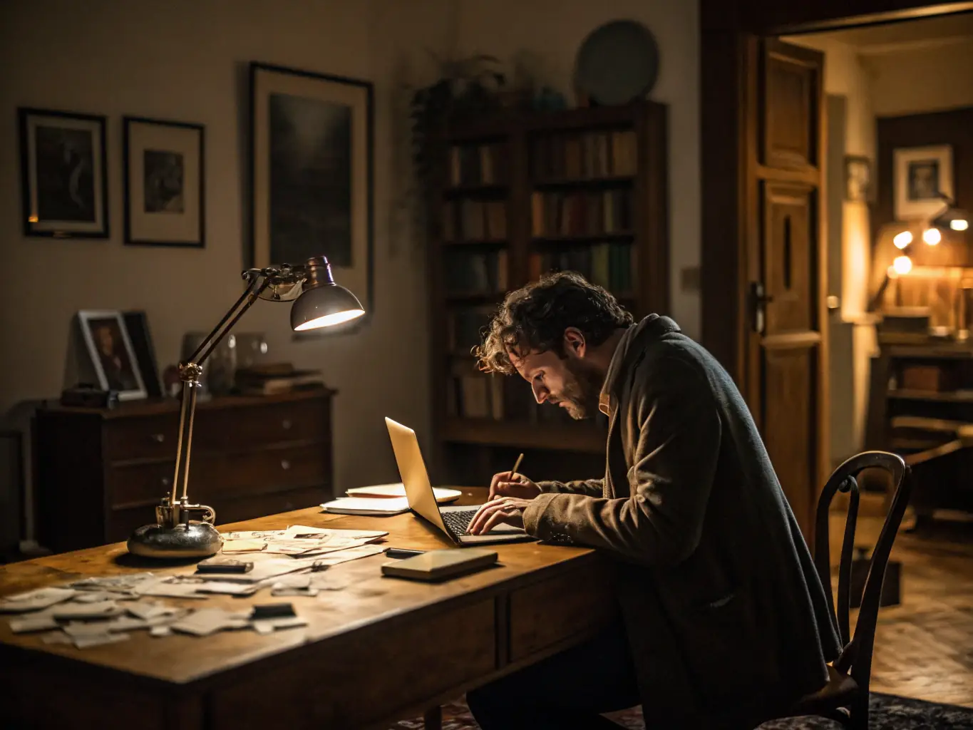 An image of a writer working on a screenplay script with notes and a laptop, symbolizing the screenplay writing services offered by CA Production LLC.